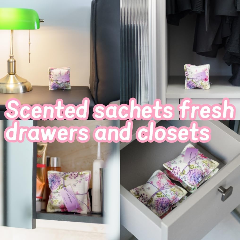 AUCUDA 4 Packs Lavender Scented Sachets Bags for Drawers and Closets, Autumn Long-Lasting Fragrance Packets Mesh Pillow for Fall, Farmhouse, Bedroom, Handcrafted Potpourri Organza Dried for Clothes.