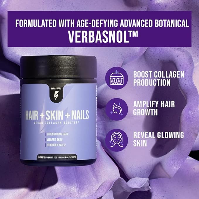InnoSupps Hair + Skin + Nails Supplement | Vegan Collagen Booster | Biotin, B12, Horsetail Herb Powder | Stimulate Hair Growth, Revitalize Skin, Strengthen Nails | 60 Capsules