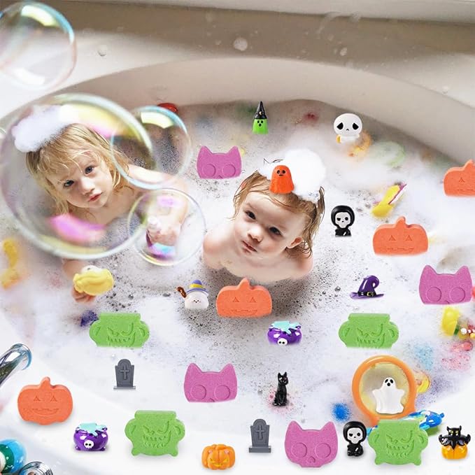 12Pcs Halloween Bath Bombs with Surprise Toys Inside, Trick or Treat Present Set Ghost Shape Organic Natural Bubble Bath Fizzy for Kids Boys Girls