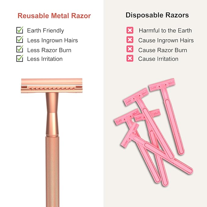 Safety Razor - Single Blade Razors for Women - Reusable Metal Razor, with 10 Double Edge Blades, Smooth Close Gentle Shave, Plastic Free, Rose Gold