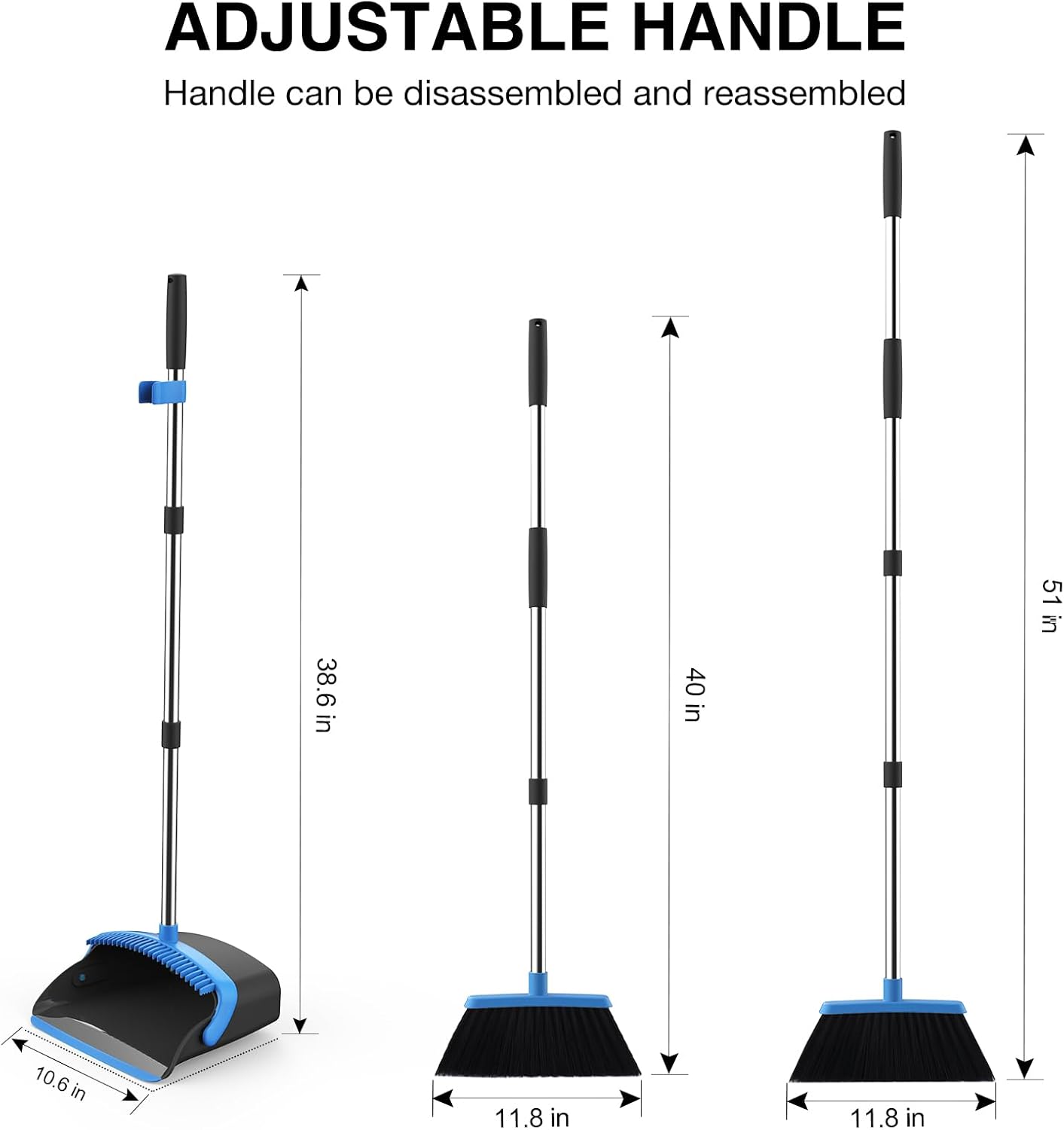 NACENA Broom and Dustpan Set, 52-in Long Adjustable Handle Broom Dustpan Combo with Dustpan Teeth to Automatically Clean Hair Suitable for Home Kitchen Office Hall Floor (Black&Blue), 2 Pack