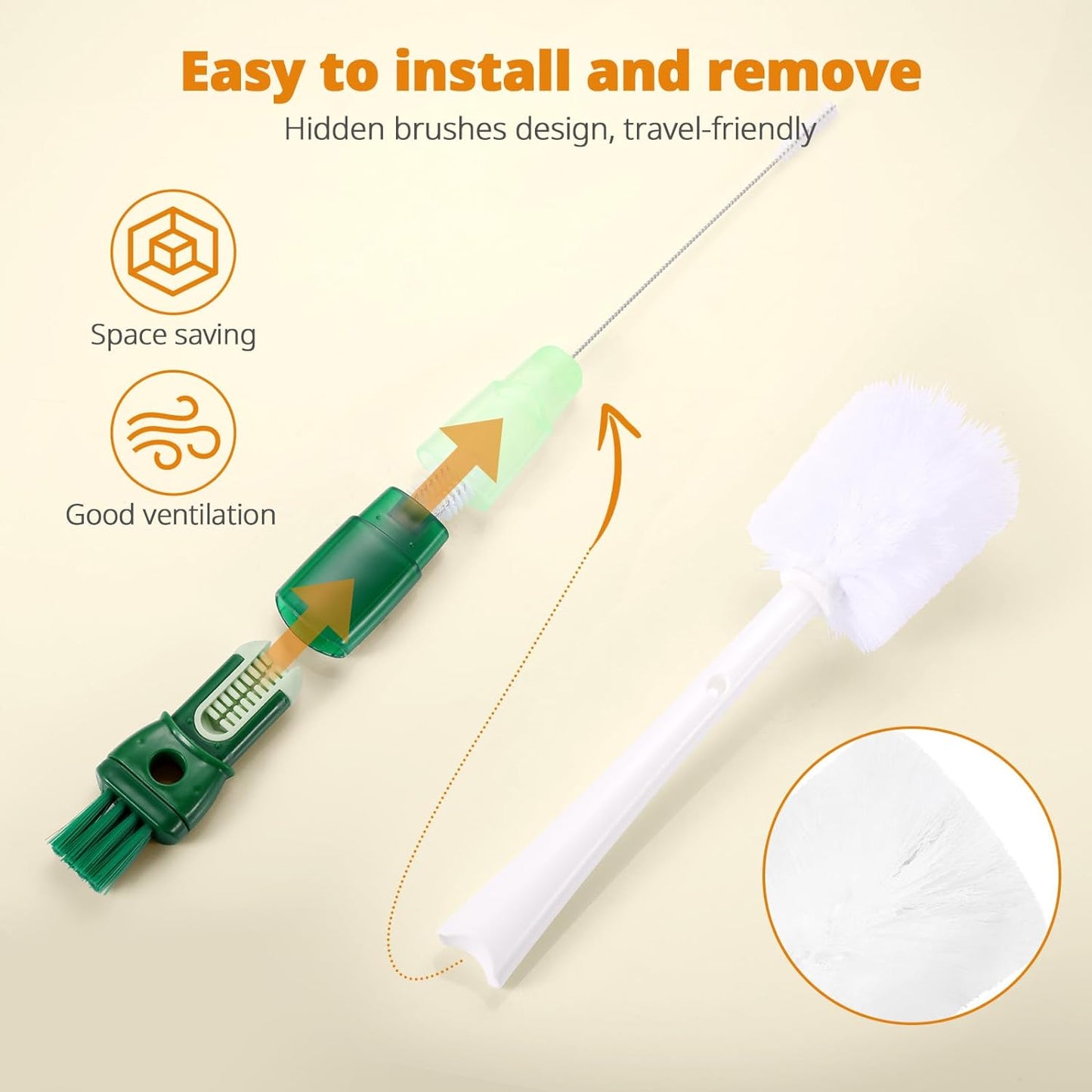 OUTXE 5 Pack Bottle Brush Set, 5-in-1 Water Bottle Cleaner Brush, 15"" Long Handle Bottle Cleaning Brush, 3 Straw Brush, Removable Nipple Brush, Detail Brush for Cup Lid Gap, WBBSBLB5