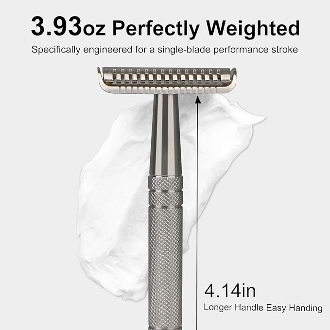 Double Edge Safety Razor with Stand, 10 Double Edge Blades, Single Blade Razors for Men and Women, Long and Heavy Duty Stainless Steel Handle, Silver