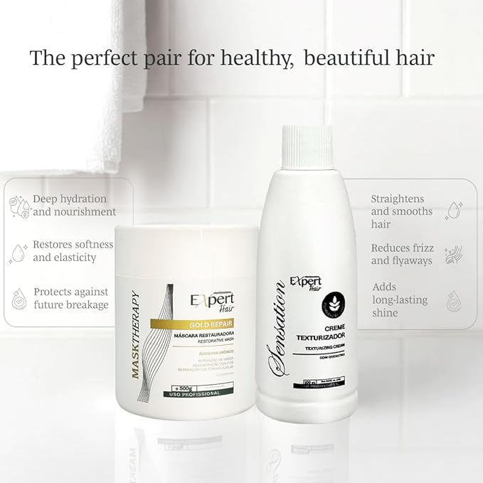 Expert Hair Sensation Straightening & Smoothing Kit :Texturizing Cream + Gold Repair Mask for Ultimate Hair Transformation- At Home Keratin Treatment for Straight, Silky, Moisturized Hair