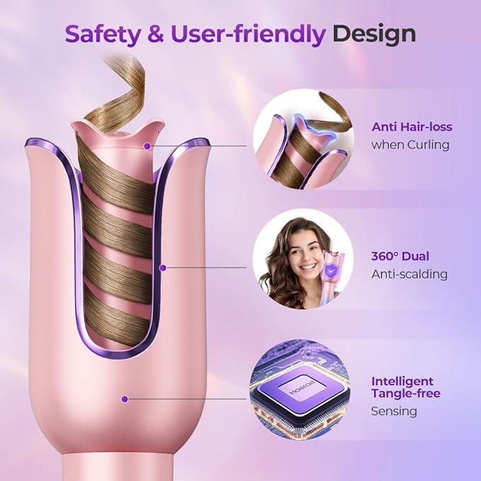 Automatic Curling Iron, Auto Hair Curler with 1" Rotating Curling Iron Barrel & 3 Temps, Anti-Scald & Anti-Tangle Curler Wand, Fast Heating Auto Curler for Hair Styling, Purple Pink