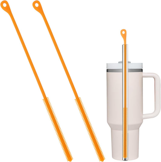 2pcs Silicone Straw Brush, 9.5in Straw Cleaner Brush Extra Long Cleaning Brushes Reusable Travel Drinking Bottle Lid Cleaning Tool for Stanley Metal Glass Straws (Orange)