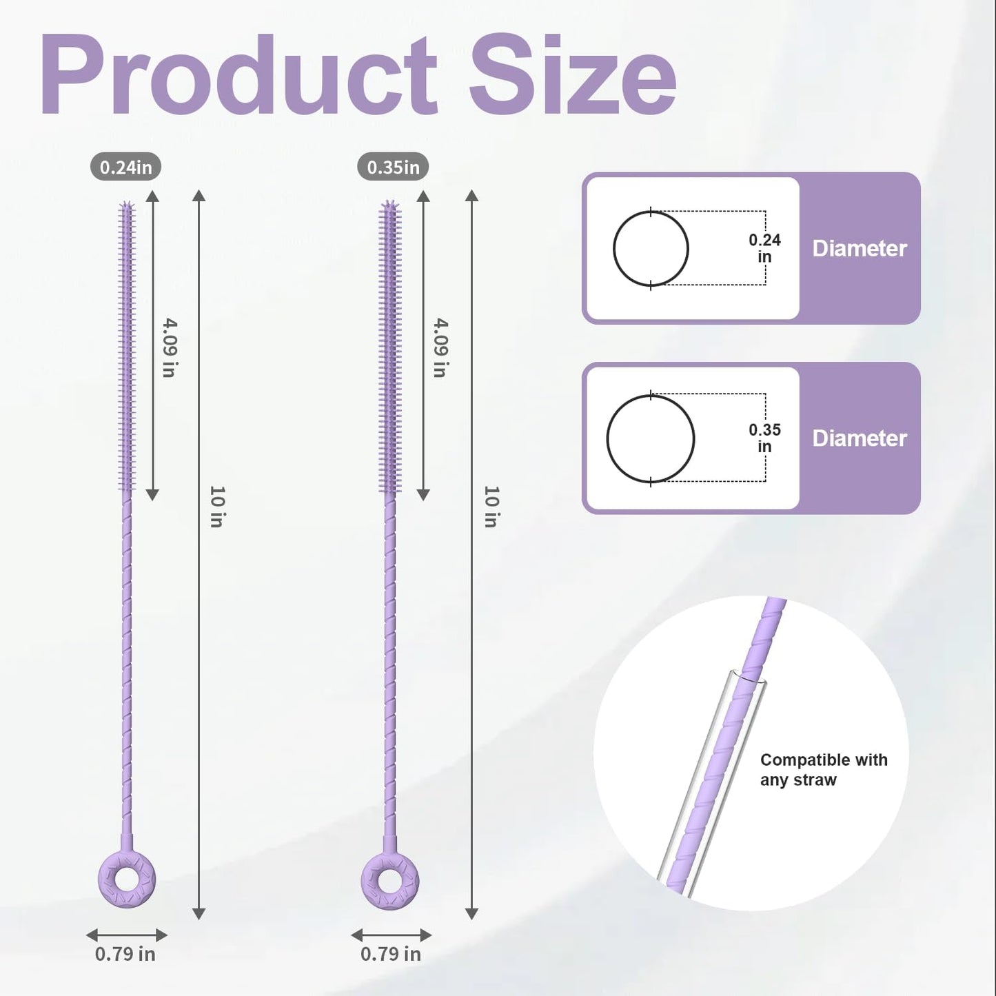 YOTIME Silicone Straw Cleaner Brush, 2 Pcs Reusable Straw Brush(6mm+9mm) for Cleaning Narrow & Wide Straws, Tumblers, Purple