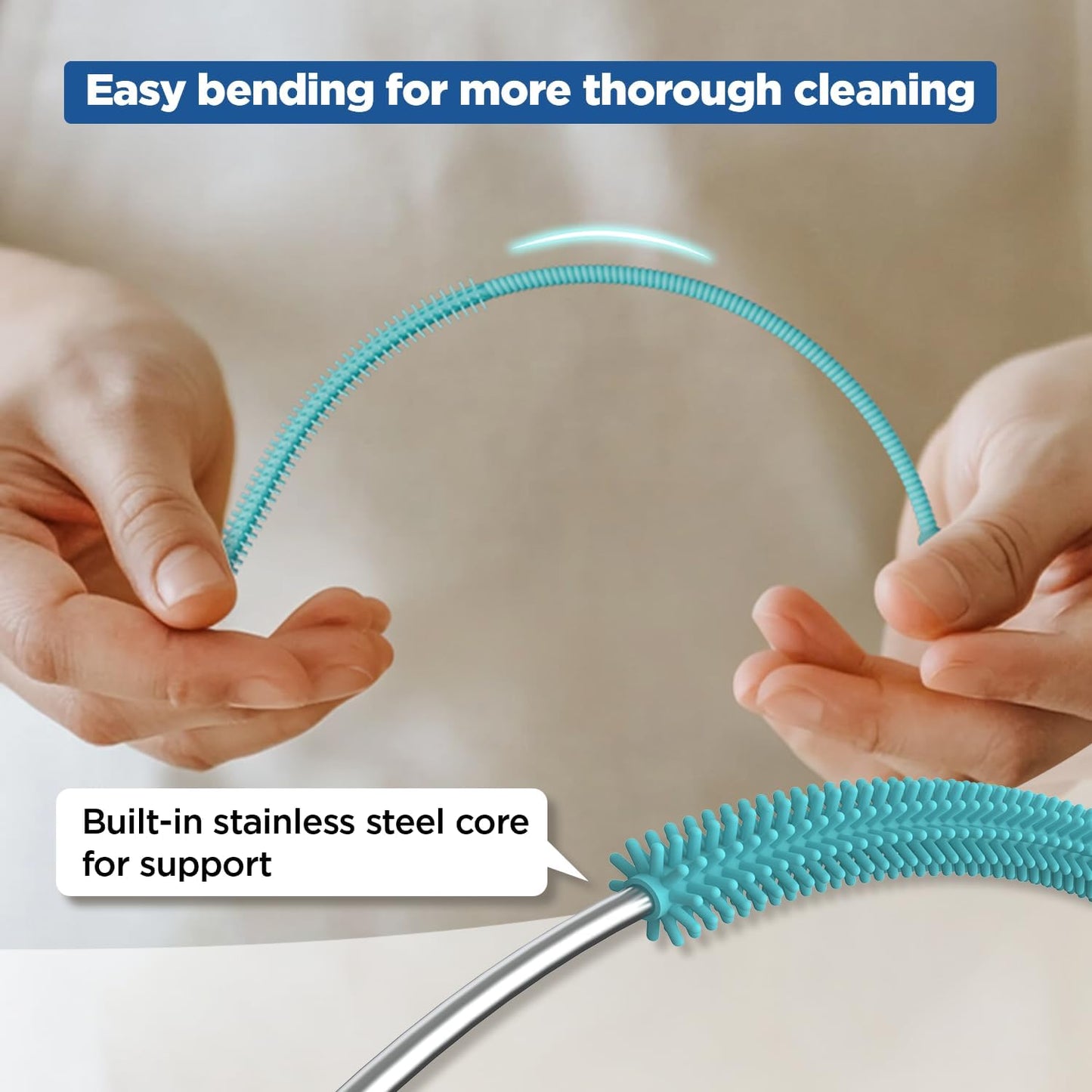 YOTIME Silicone Straw Cleaner Brush, 2Pcs Reusable Straw Brush Extra Long for Cleaning Tumbler with Handle and Glass Metal Smoothie Straws, Non-slip Handle Soft and Bendable, 6mm+9mm, Blue