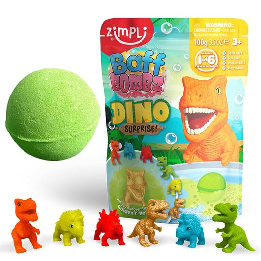 Large Dino Surprise Bath Bomb, 6 Surprise Dinosaur Toys to Collect in Total, One Per Bath Bomb, Children's Fizzing Toy, Birthday Gift for Boys & Girls, Stocking Filler Present