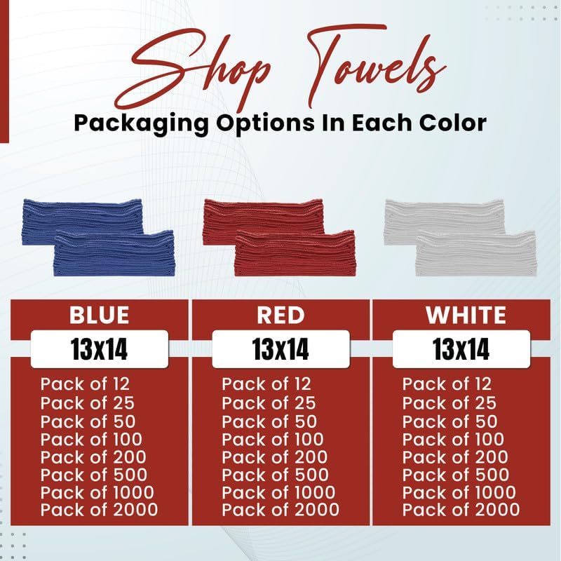 Shop Towels (Red, 500-Pack) - Bulk Cleaning Towel in a Bag, Mechanic Cotton Wipes for Car Maintenance, Auto Mechanics & Garage, Wipe Grease & Oil, Machine Wash & Reusable
