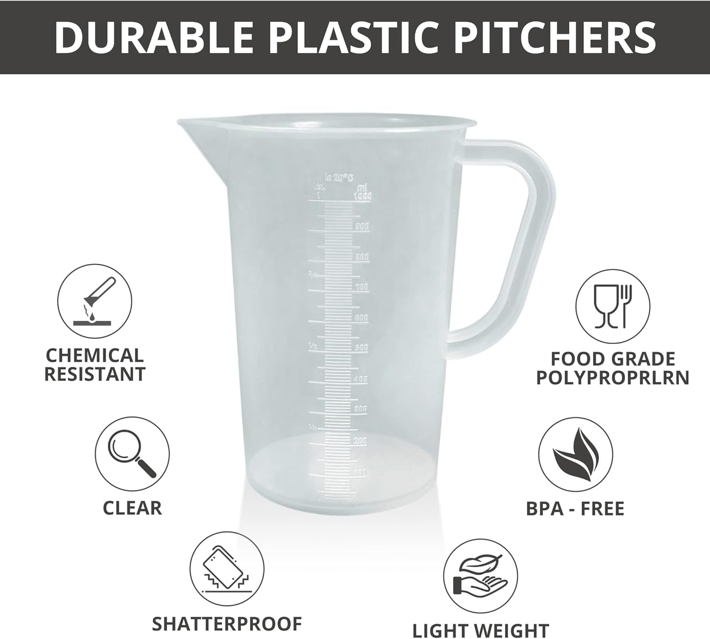 Plastic Graduated Measuring and Mixing Pitcher - 1000ml Plastic Graduated Measuring Pitcher - Large Cylinder Graduated Measuring Container with Handle and Pour Spout - 1 Liter