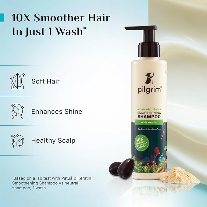 Pilgrim Patuá & Keratin Hair Smoothing Shampoo | Anti-Frizz Formula | Gently Cleanses, Softens & Adds Shine | Smooth, Silky & Bouncy Hair | Sulfate-Free | 6.76 Fl Oz (200ml)