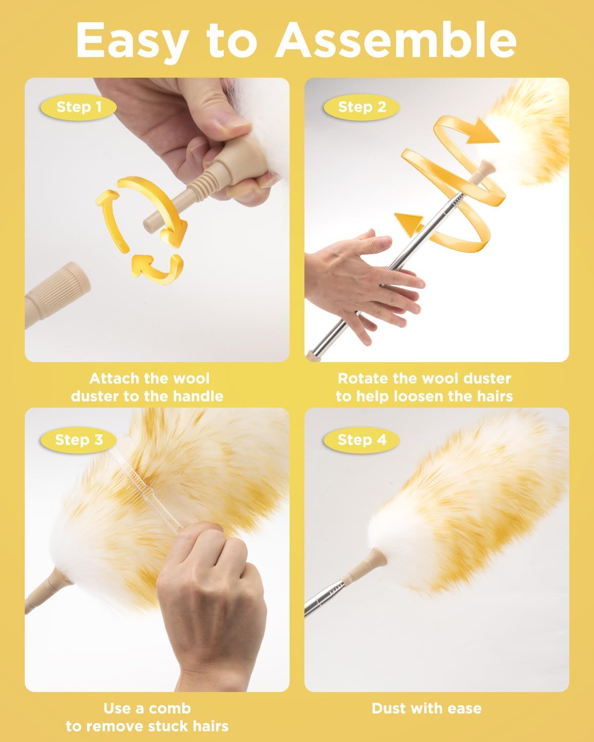 Extendable Lambswool Duster 30-100 Inch, Stainless Steel Long Handle Duster, Natural Feather Duster for Cleaning High Ceilings, Fans, Bookshelves, Interior, Cars, Brown