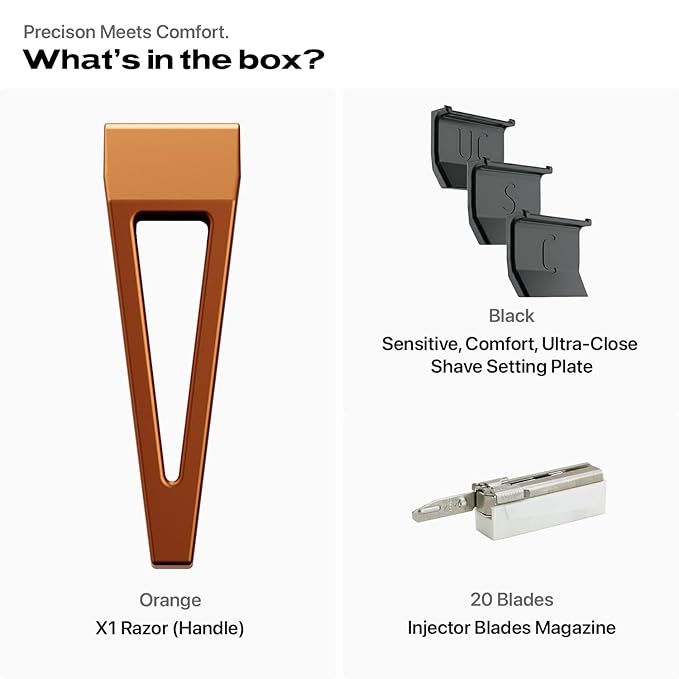 HYPE X1 Safety Razor Custom Pro Set - Magnetic Comfort (C), Sensitive (S) & Ultra-Close (UC) Shave Settings, 20 Non-Proprietary Blades - Single Blade Gentle Shaving Razors For Men and Women - Orange