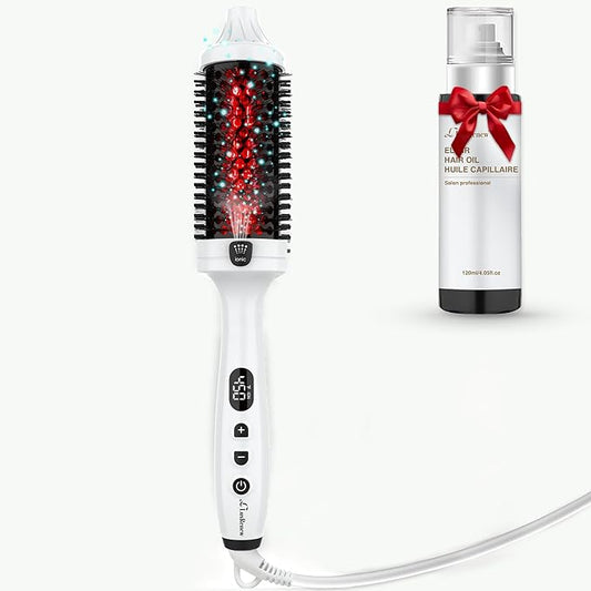 Infrared Bounce Brush, Heated Thermal Round Brush with Negative Ion Technology, 8 Heat Settings for Blowout Look with Hair Care Oil, Straightening & Curling, 1.65" Barrel for All Hair Types, White