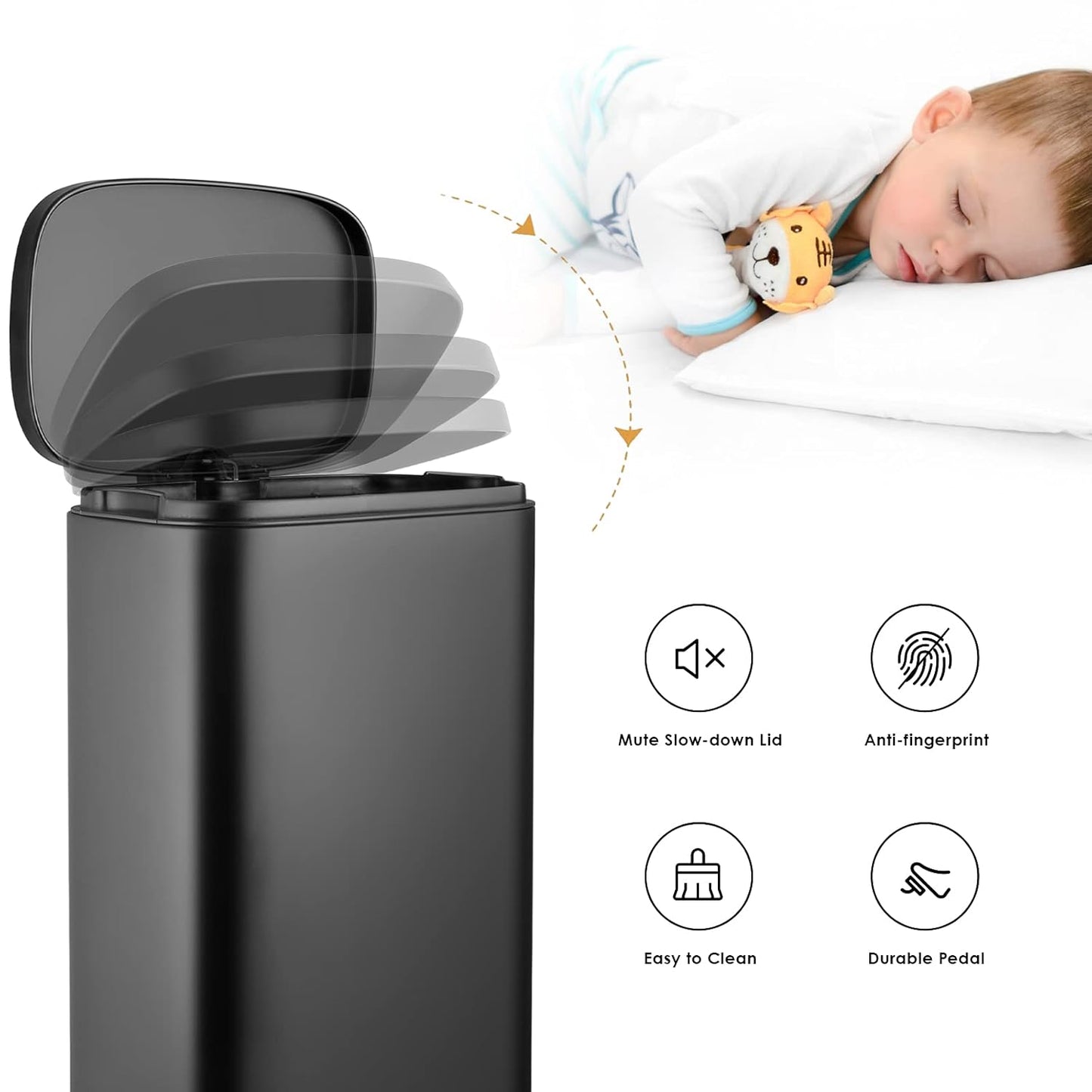 AthLike Trash Can, Stainless Steel Kitchen Garbage Can, Step Waste Bin with Hinged Lid and Removable Inner Bucket, Soft-Close, Dustbin for Bathroom Bedroom Living Room Home (Black, 8 Gal)