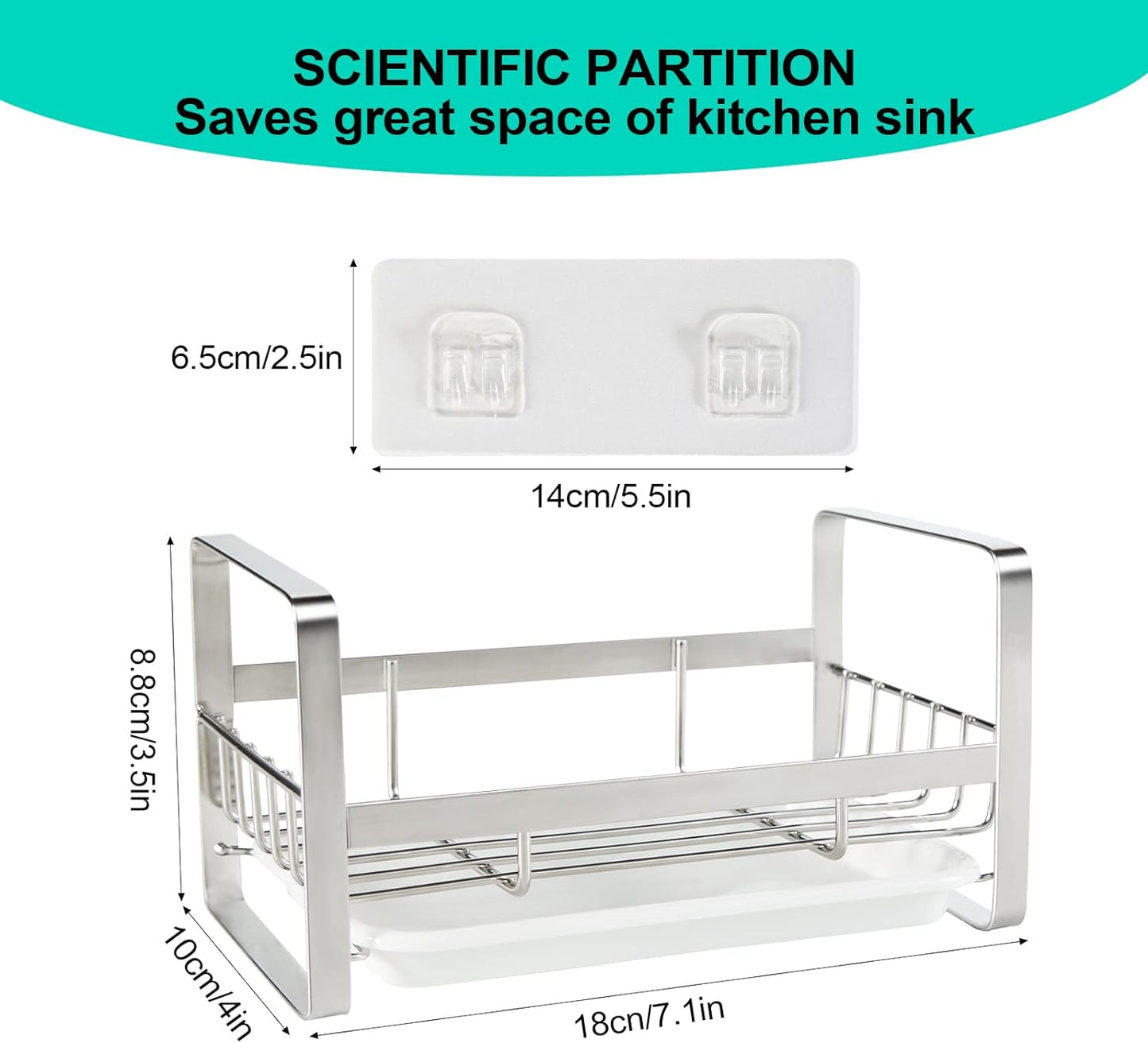 TEZZ Sponge Holder for Kitchen Sink, Stainless Steel Kitchen Storage Sink Caddy for Organizing Sponge, Brush & Dish Soap Dispenser, Sink Organizer Rack with Adhesive or Counter top, Silver