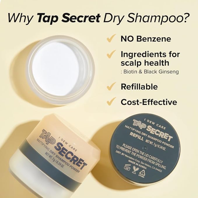 I DEW CARE Tap Secret Dry Shampoo Powder Refill with Biotin | Strengthening & Volumizing, Refillable, Travel size, Non-aerosol, Brunette, Korean Ginseng, Dry Shampoo for Women, 0.24 Oz