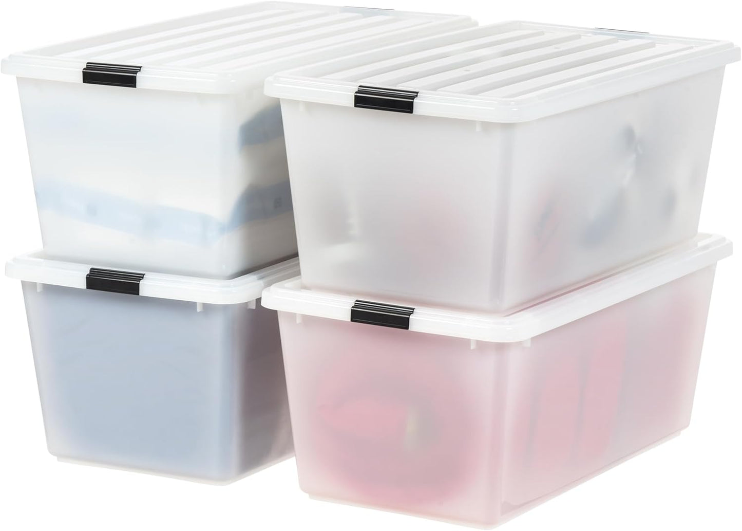 IRIS USA 91 Qt Stackable Plastic Storage Bins with Lids, 4 Pack - BPA-Free, Discreet Organizing Solution, Latches, Durable Nestable Containers, Secure Pull Handle, Made in USA - Pearl