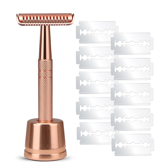 Double Edge Safety Razor with Stand, 10 Double Edge Blades, Single Blade Razors for Men and Women, Long and Heavy Duty Stainless Steel Handle, Rose Gold