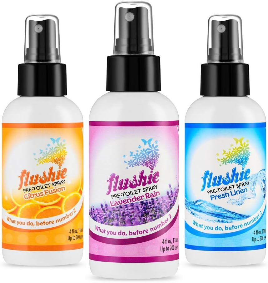 Flushie Pre-Toilet Spray Travel Size Toiletries Bathroom Spray for Toilet Deodorizer - Poop Odor Eliminator 4oz (Assorted Mix, 3 Pack)