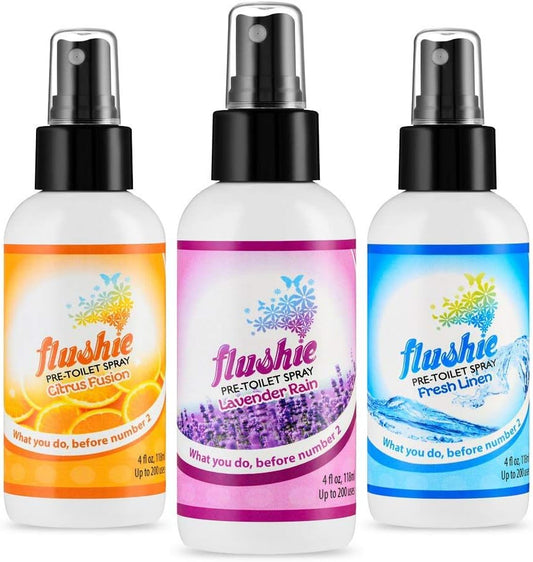 Flushie Pre-Toilet Spray Travel Size Toiletries Bathroom Spray for Toilet Deodorizer - Poop Odor Eliminator 4oz (Assorted Mix, 3 Pack)
