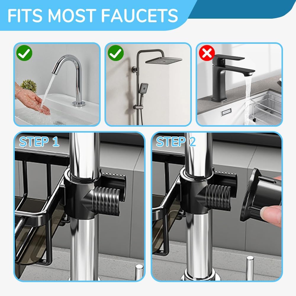 Sink organizer rack for kitchen and bathroom, Kitchen Sink Faucet Organizer with Drip Tray Faucet Sponge Holder (Black, Left)