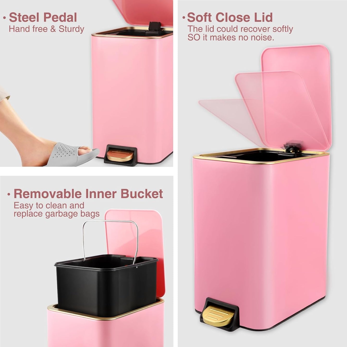 Small Bathroom Trash Can with Lid Soft Close, 1.8 Gallon Stainless Steel Garbage Can with Removable Inner Bucket,3PCS Soap Dispenser,75Count Trash Bag, Slim Step Pedal Trash Bins