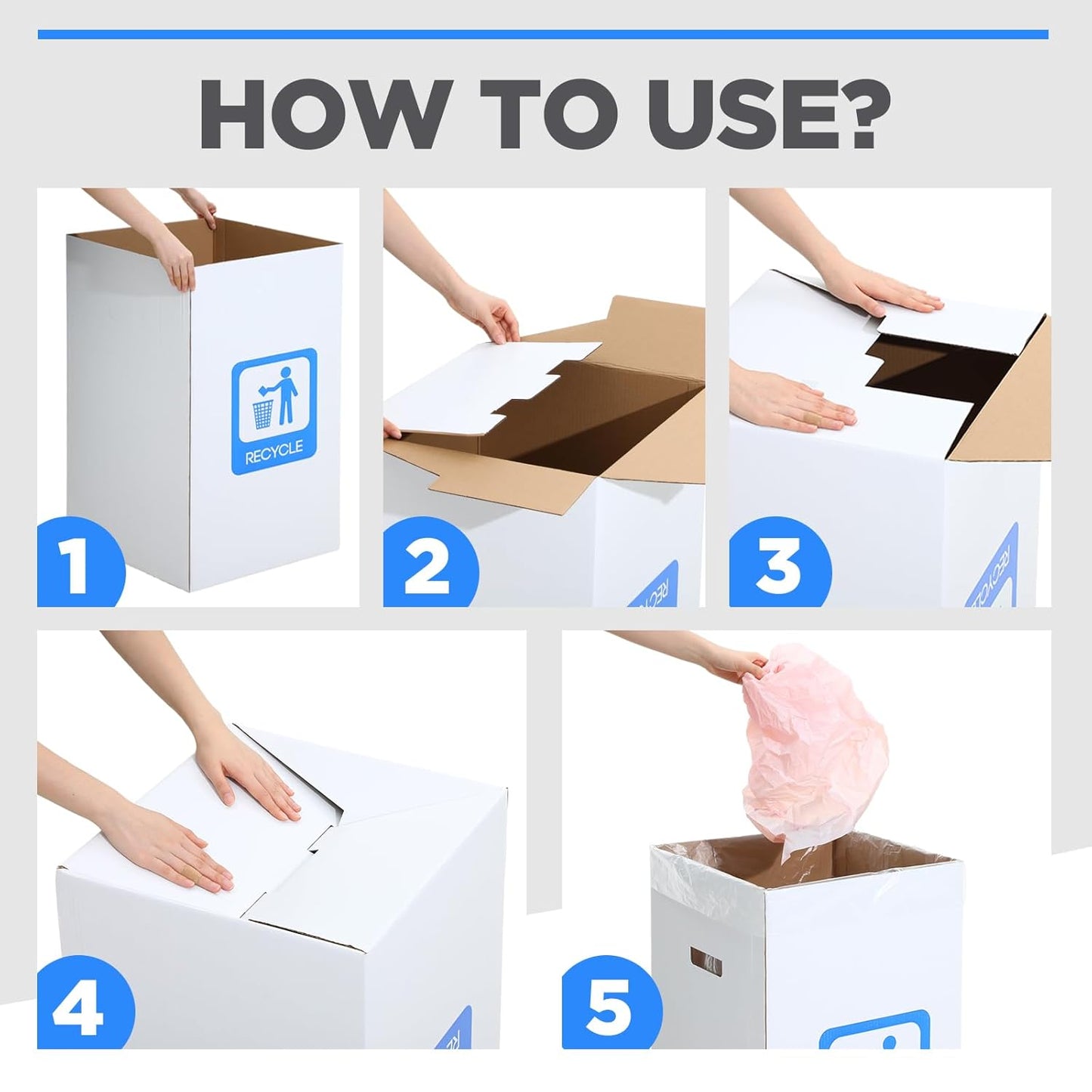 Tioncy 5 Pcs 30 Gallon Corrugated Cardboard Trash Cans Recycling Bins with Trash and Recycle Letters White Disposable Garbage Container Reusable Garbage Boxes for Party Camping Outdoor Events