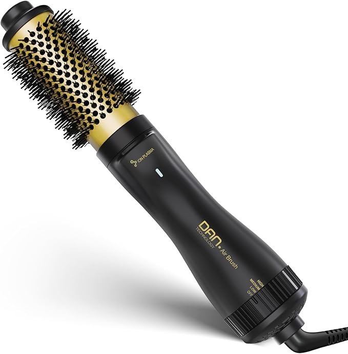 Dan Technology Blow Dryer Brush 1.5 Inch Round Blowout Brush 4-in-1 Hot Air Hair Dryer Brush & Styler, Comb, Straightener & Curler with Titanium & Ionic (Black-Gold)