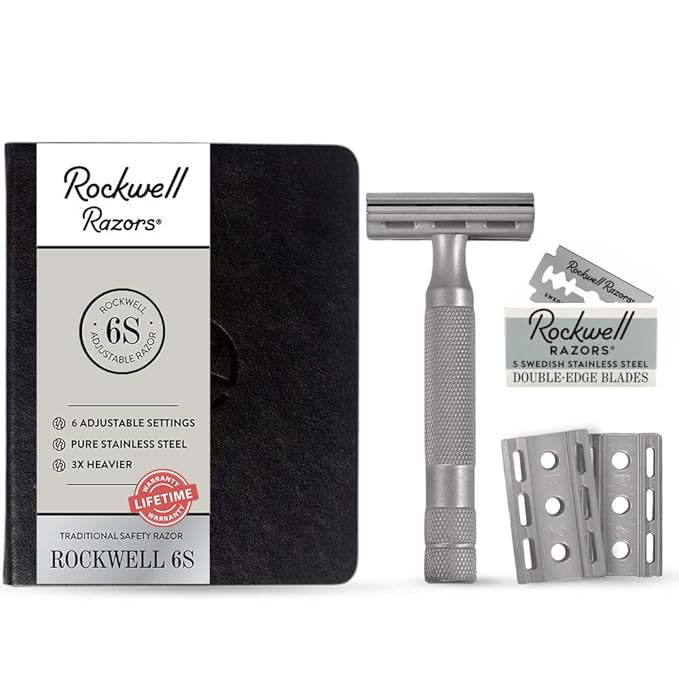 Rockwell Razors 6S Matte Silver Safety Razor for Sensitive Skin. Reduces Razor Burn and Irritation. Comes with 6 Adjustable Shave Settings and 5 Recyclable Blades. Reusable Razor for Men and Women.
