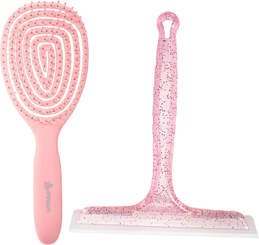 Shower Squeegee for Glass Doors, Bathroom Squeegee for Shower, Window Squeegee - Pink Comb and Squeegee Set for Hair Care and Glass Cleaning, by LTLUTU