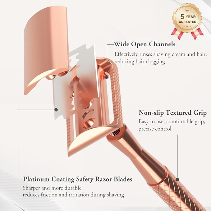 Rose Gold Safety Razor with Stand - Single Blade Razors for Women - Reusable Metal Razor, with 10 Double Edge Blades, Smooth & Close Shave