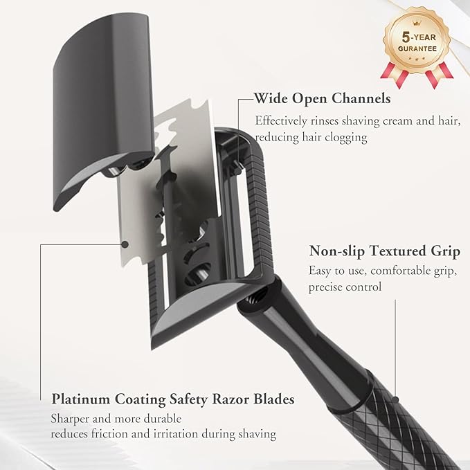 Gun Black Safety Razor - Single Blade Razors for Men - Reusable Metal Razor, with 5 Stainless Steel Double Edge Blades, Smooth Close Shave, Sustainable, Plastic Free