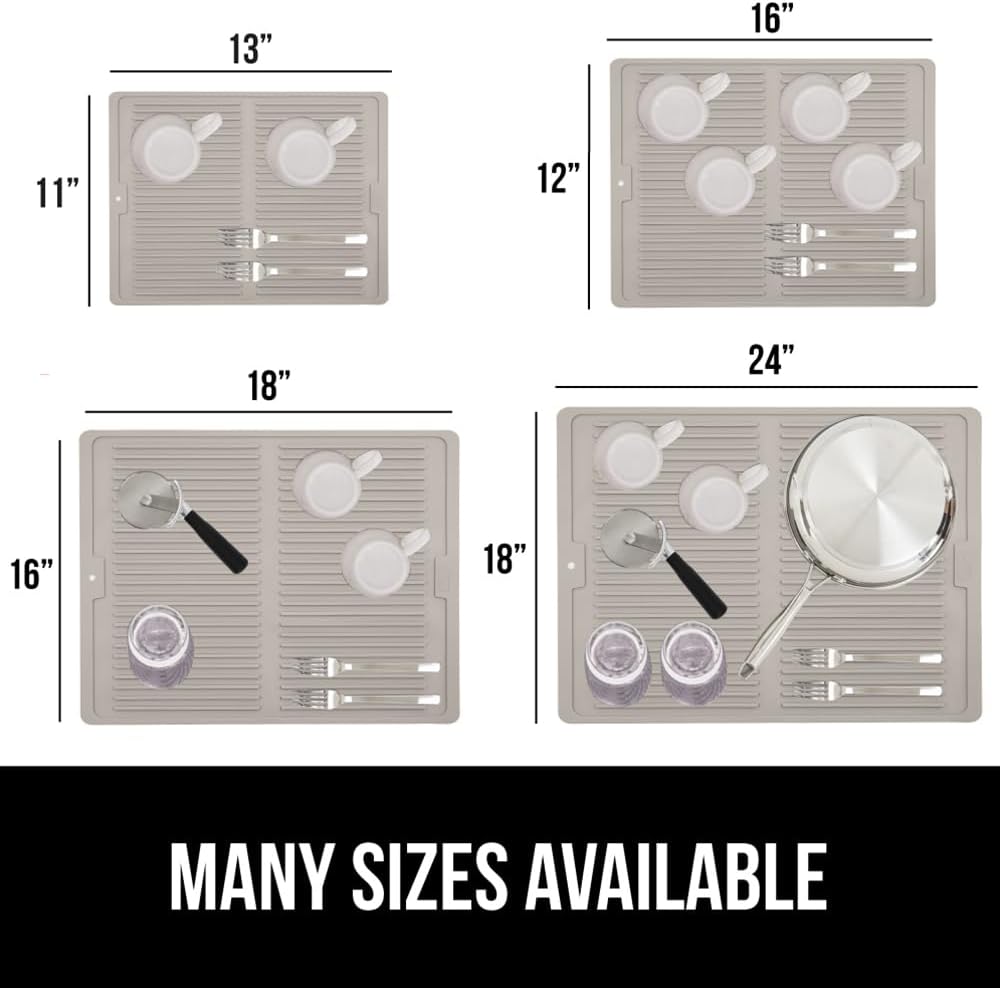 GORILLA GRIP 100% BPA-Free Patented Silicone Dish Drying Mat for Kitchen Counter, 18x16 Inch, Water Catching Ribbed Design, Easy Clean Waterproof Sink Liner, Heat Resistant, Fits Under Rack, Almond