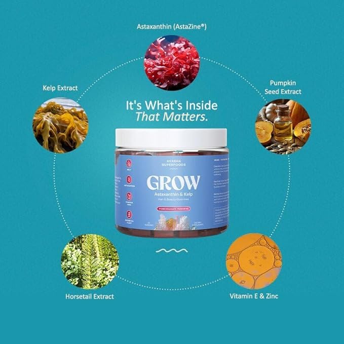 Akasha Superfoods Grow Hair & Beauty Gummies, Supplement with Zinc, Vitamin E, Astaxanthin, Kelp, & Pumpkin Seed, Plant Based Gummies for Women & Men, Gluten Free, Vegan, American Made, 60 Count