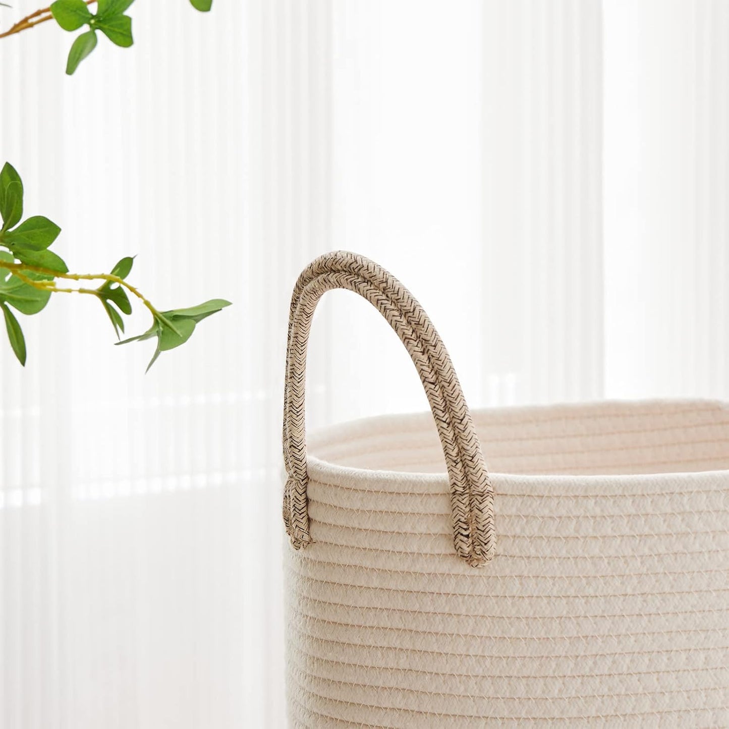 VIPOSCO Large Laundry Hamper, Tall Woven Rope Storage Basket for Blanket, Toys, Dirty Clothes in Living Room, Bathroom, Bedroom - 53L White & Brown