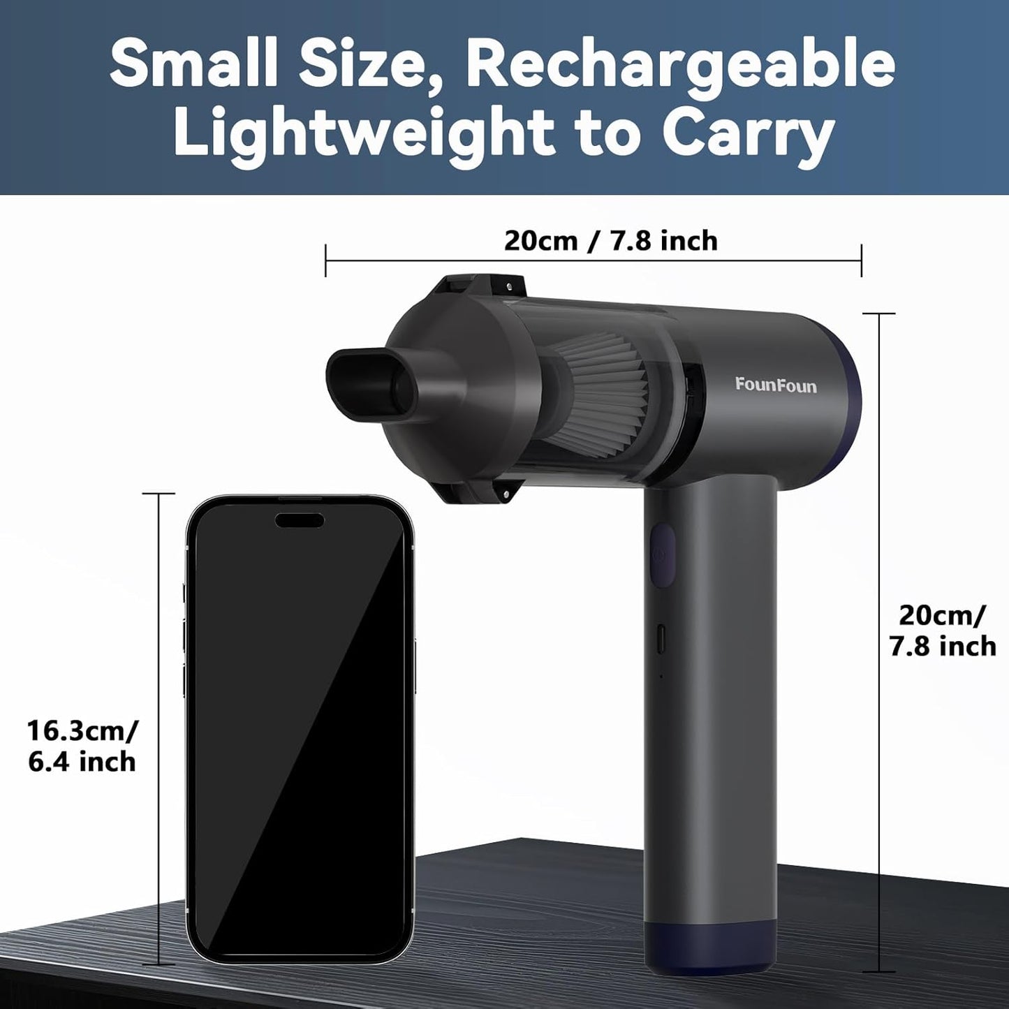 FOUNFOUN Handheld Vacuum Cordless, Portable Car Vacuum, High Power Cleaner for Pet Hair/Car/Home, Suction & Blow 2 in 1, 17-30 Min Run Time, Small Lightweight Gadget, Type-C Rechargeable