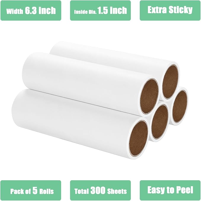 6.3 inch Lint Roller Refills Only, Extra Sticky Lint Remover Refills for Pet Hair Sticky Roller Refill Adhesive Tape Easy Peel 60 Sheets per Roll, Pack of 5, Total 300 Sheets (6.3'' Wide)