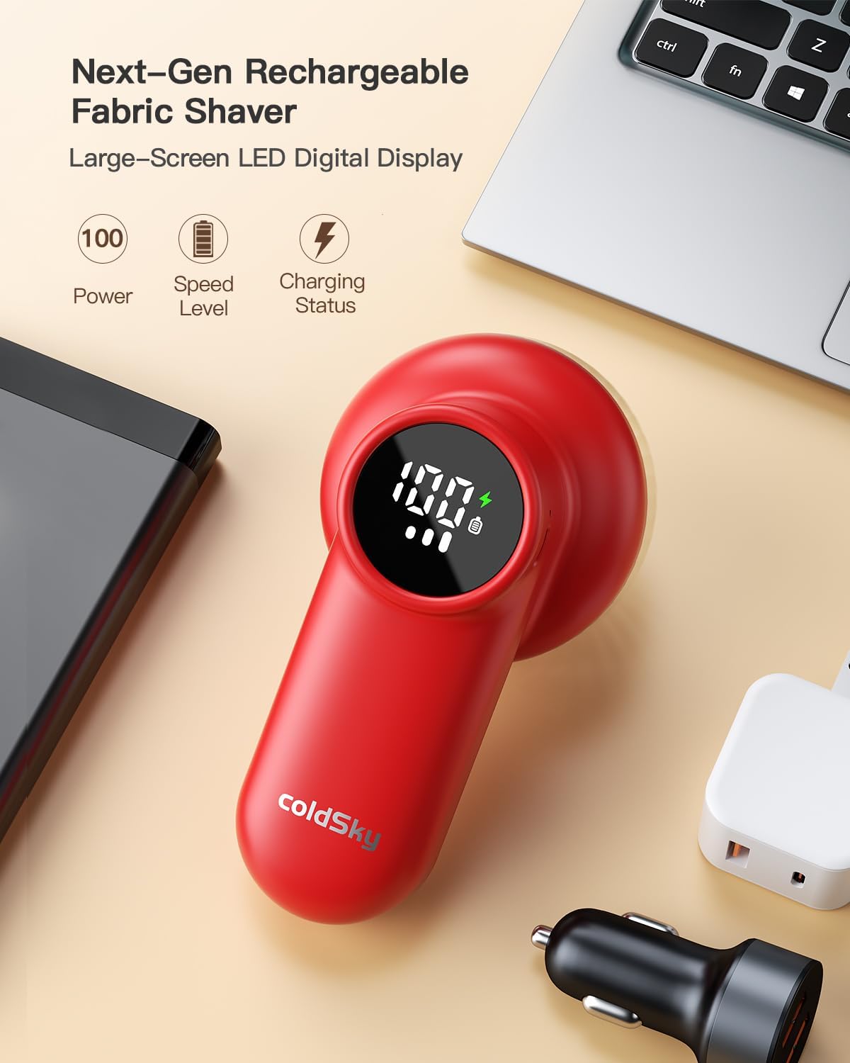 coldSky Rechargeable Fabric Shaver, Lint Shaver with Digital Display, Sweater Shaver with 6-Leaf Blades and Safety Lock, 3-Speeds Defuzzer Remove Fuzz, Pills from Clothes, Furniture, Sofa, Blanket Red