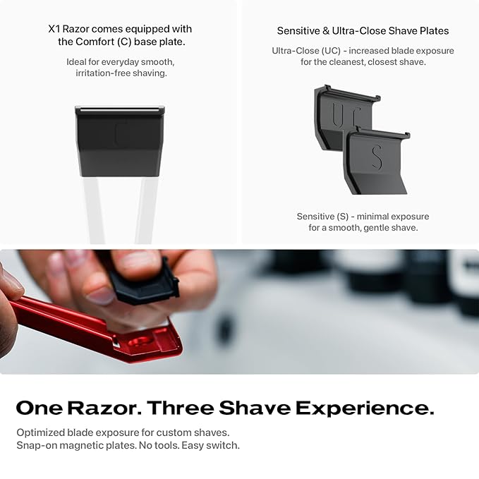 HYPE X1 Safety Razor Custom Pro Set - Magnetic Comfort (C), Sensitive (S) & Ultra-Close (UC) Shave Settings, 20 Non-Proprietary Blades - Single Blade Gentle Shaving Razors For Men and Women - Red