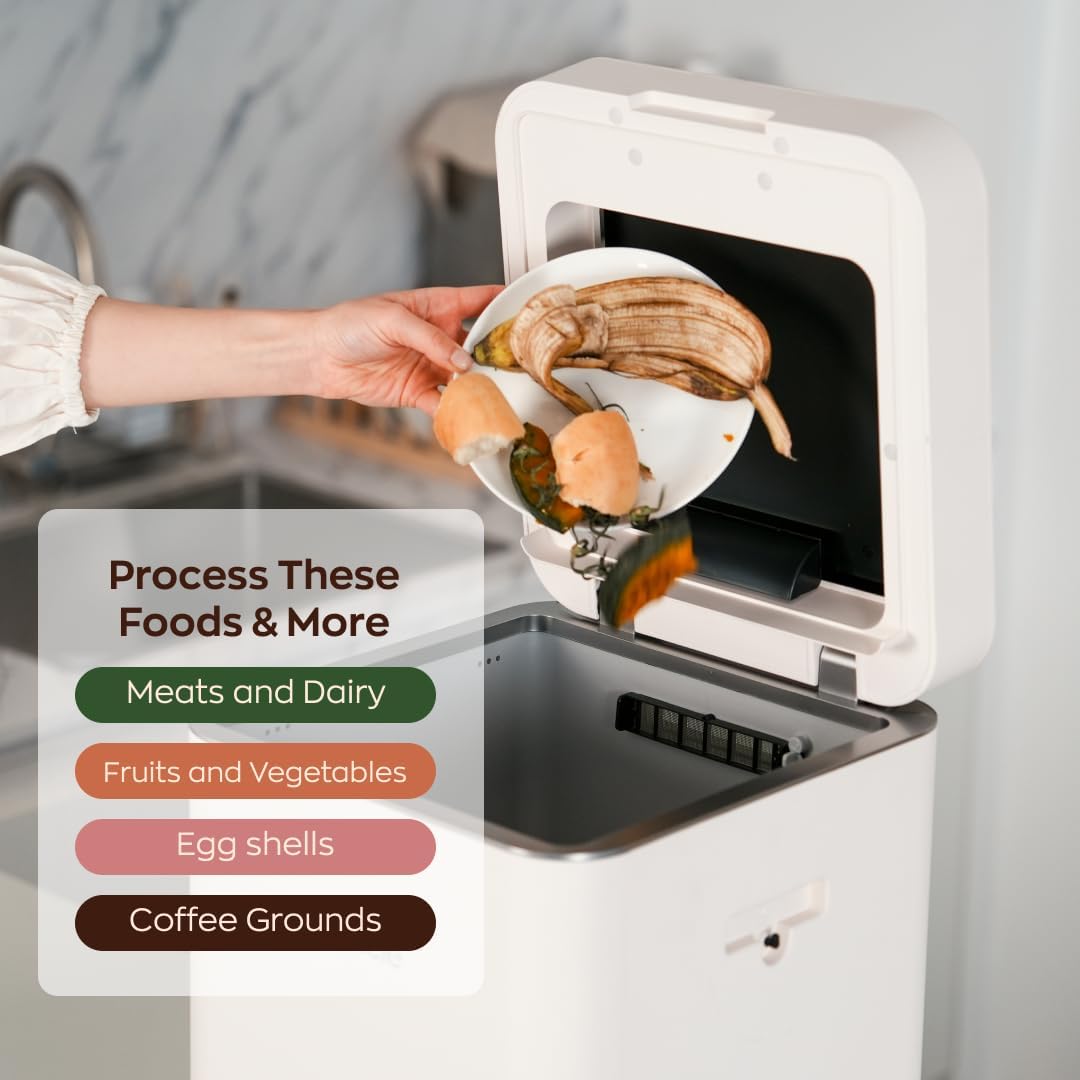 Reencle Gravity Electric Composter - 22L Kitchen Composter– Decomposes 3.3 lbs Daily, Odorless & Quiet Indoor Composting, Rapid Decomposition with All-New Compost Starter 2.0 + Booster Pack (Silver)