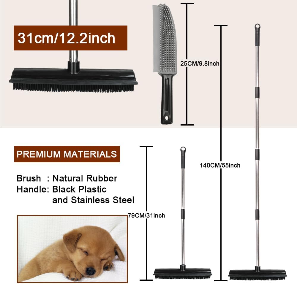 Rubber Broom and Pet Hair Removal Brush Set for Carpet,Fur Remover Rake with Squeegee,Lint Brush for Pet Dog Cat Hair