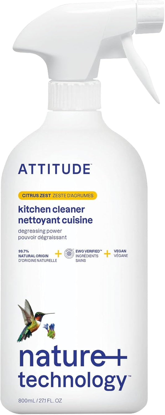 ATTITUDE Kitchen Cleaner Spray, EWG Verified, Powerful Degreaser, Cuts Grease & Grime, Plant-Based & Vegan, Citrus Zest Scent, 27.1 Fl Oz