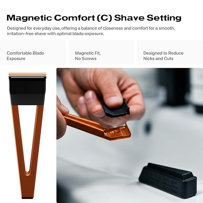 HYPE X1 Safety Razor Custom Pro Set - Magnetic Comfort (C), Sensitive (S) & Ultra-Close (UC) Shave Settings, 20 Non-Proprietary Blades - Single Blade Gentle Shaving Razors For Men and Women - Orange