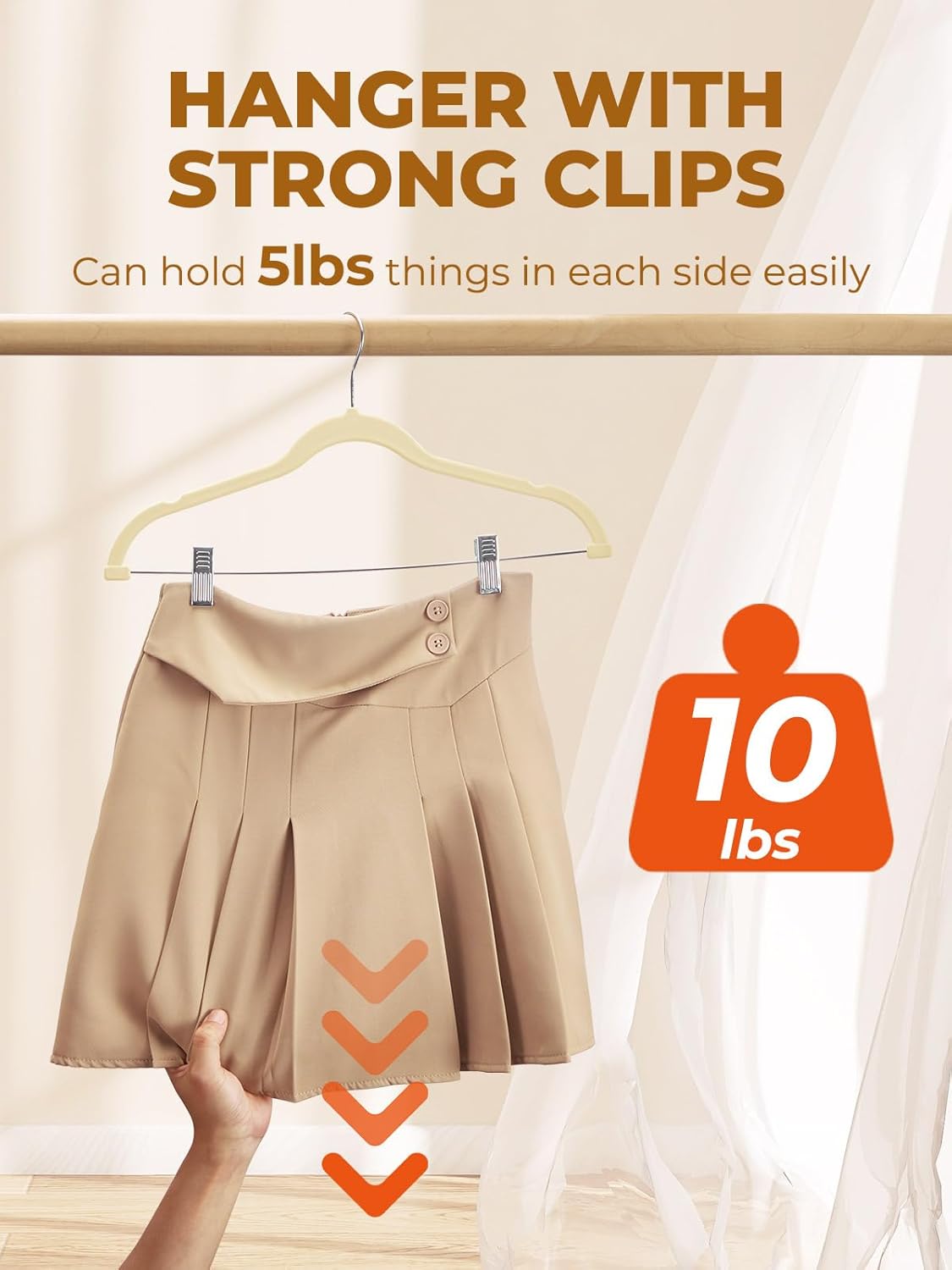 HOUSE DAY Velvet Skirt Hangers 24 Pack, Beige Velvet Pant Hangers with Adjustable Clips, Space Saving Slim Shorts Hanger, Heavy Duty Non Slip Clip Hanger for Pants, Skirts, Shorts