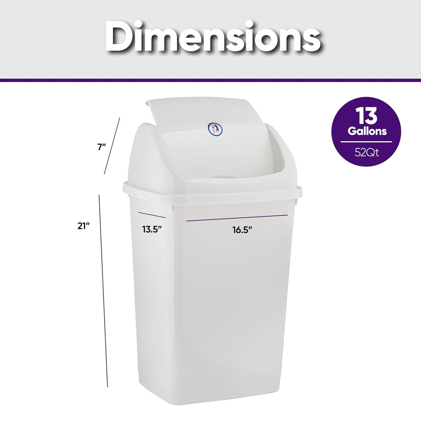 Superio Kitchen Trash Can 13 Gallon with Swing Lid, Plastic Tall Garbage Can Outdoor and Indoor, Large 52 Qt Recycle Bin and Waste Basket for Home, Office, Garage, Patio, Restaurant (White)
