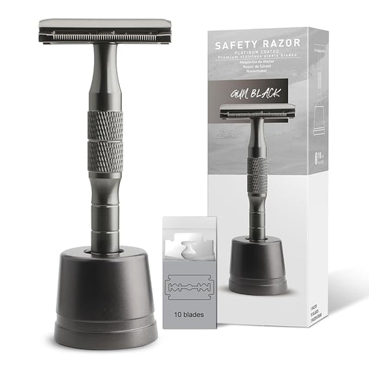 Gun Black Double Edge Safety Razor with Stand, Single Blade Razors for Men and Women, with 10 Safety Razor Blades, Smooth & Close Shave, Plastic Free