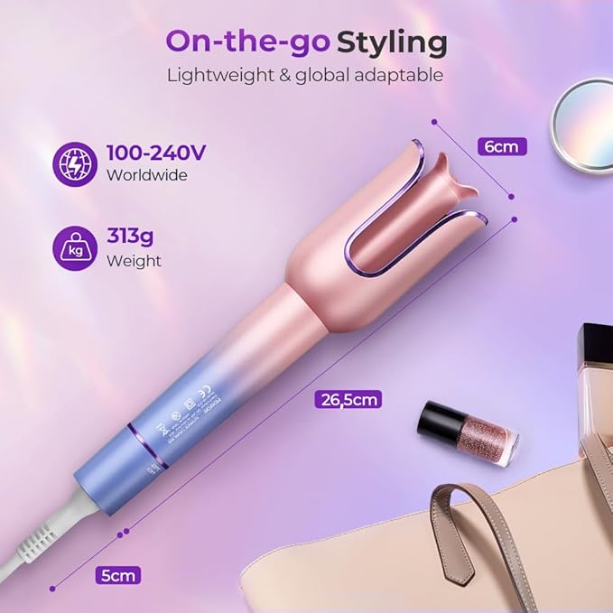 Automatic Curling Iron, Auto Hair Curler with 1" Rotating Curling Iron Barrel & 3 Temps, Anti-Scald & Anti-Tangle Curler Wand, Fast Heating Auto Curler for Hair Styling, Purple Pink