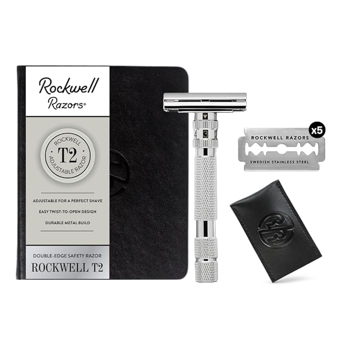 Rockwell Razors T2 Adjustable Safety Razor in White Chrome. Infinite Shave Settings for all Skin Types. Twist-To-Open Mechanism. Includes 5 Fully Recyclable Razor Blades. Built to Last a Lifetime.